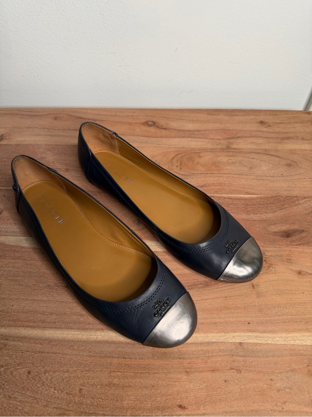 Coach Navy Leather Ballet Flats with Silver Cap-Toe - Picture 2 of 6